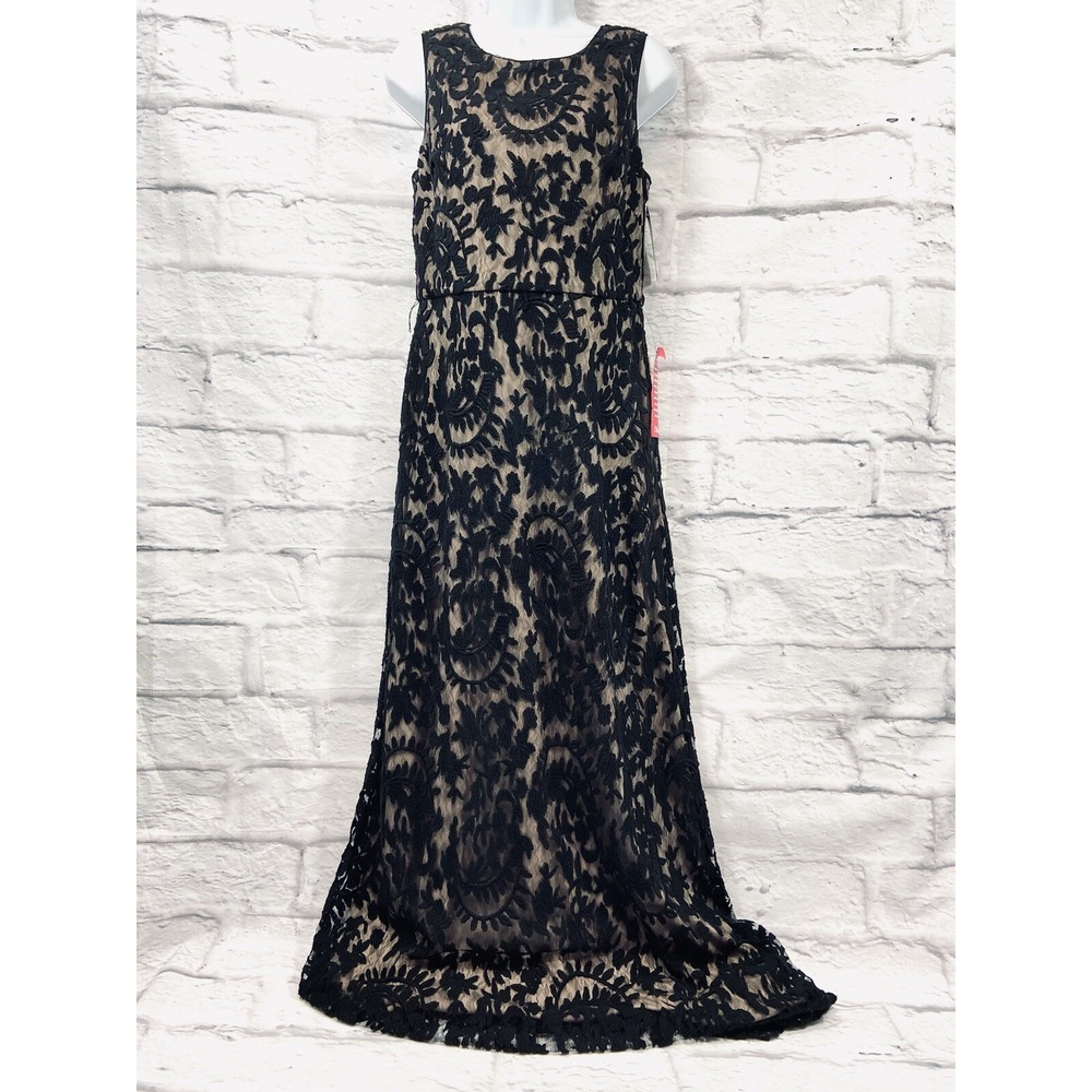 Adrianna Papell Maxi Dress Women's 8 Black Beige Gown Lace Sleeveless Floral New
